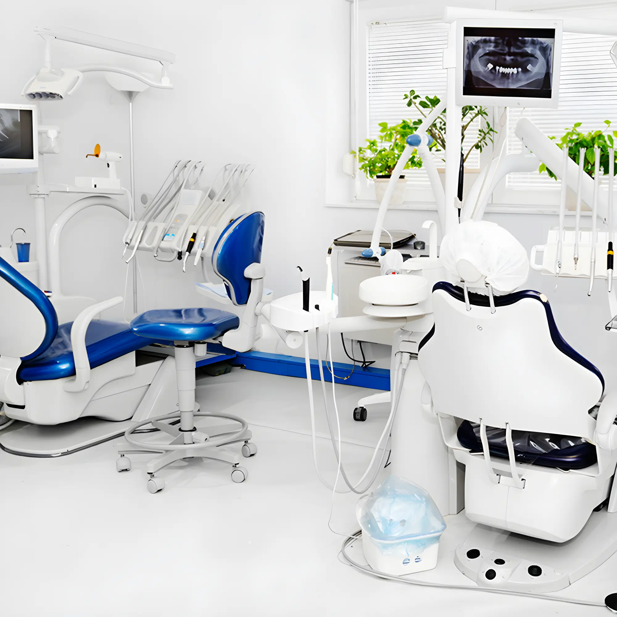 Consultorio dental moderno con equipos y sillas azules.