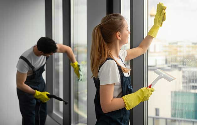 Personas limpiando ventanas con guantes y herramientas.