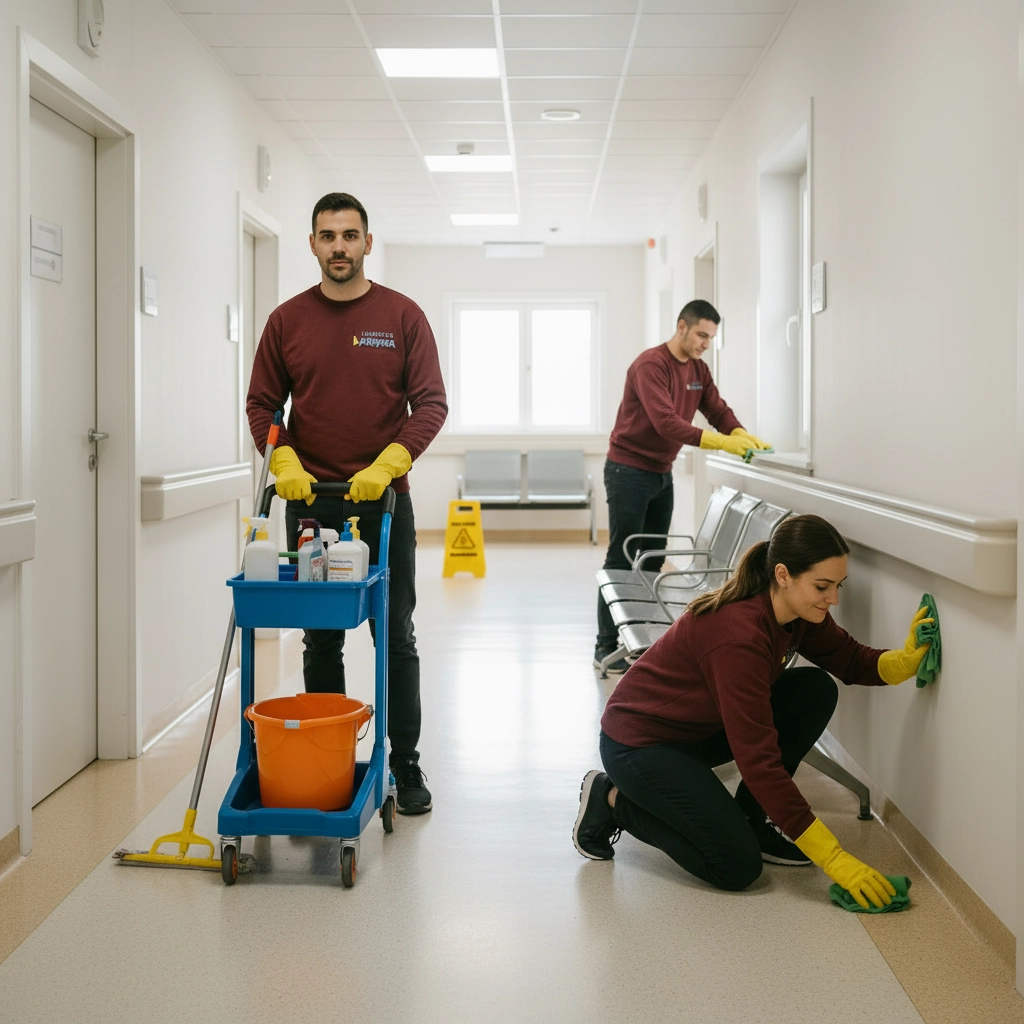 Personal de limpieza trabajando en un pasillo.